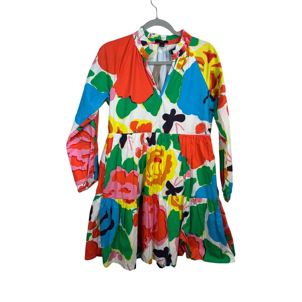 J.Crew Tiered Mini Dress Womens XS Multicolor New AK263 Floral Butterfly Poplin